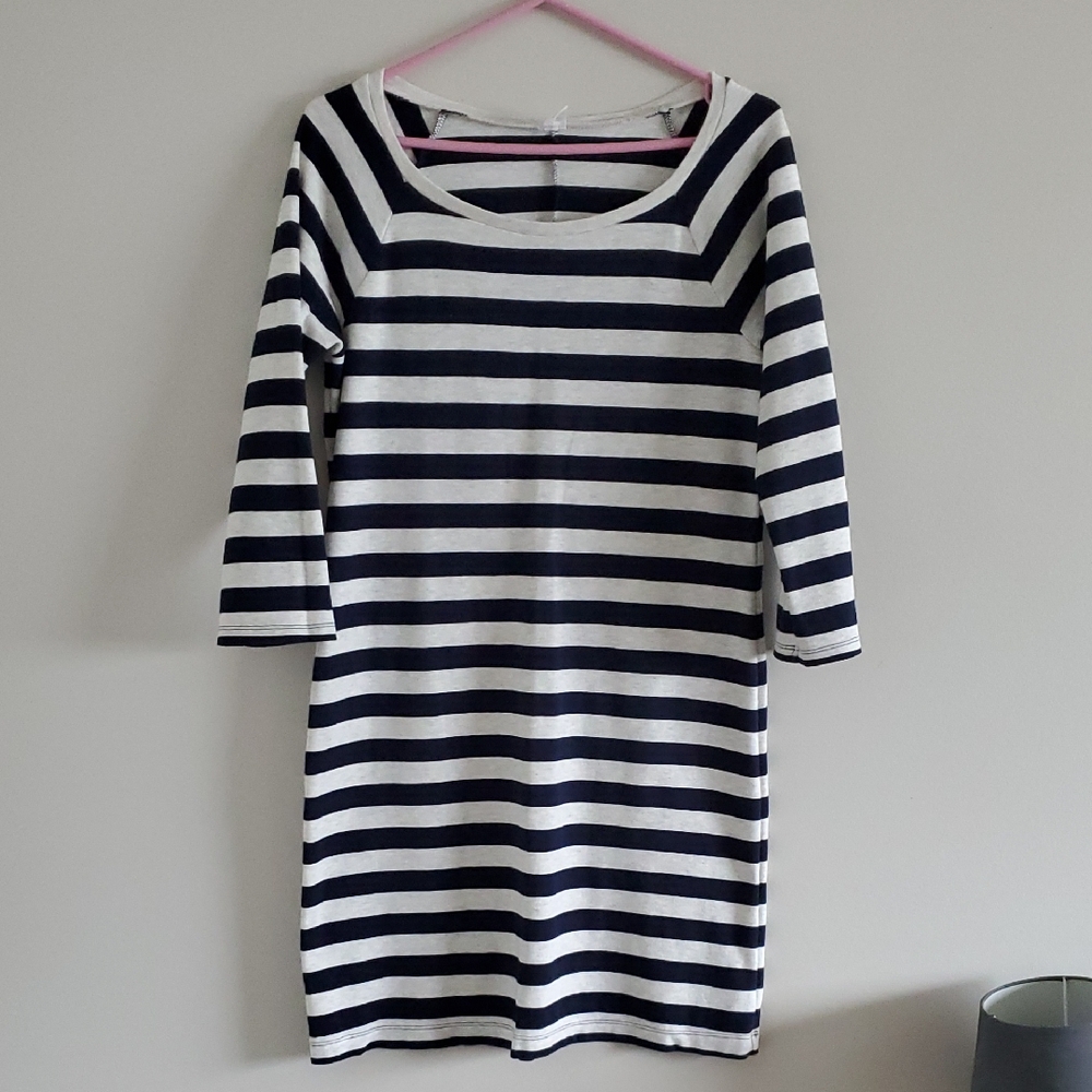 Old Navy Sailor Casual Navy Grey Striped Cotton Blend 3/4 Sleeve Dress Sz M